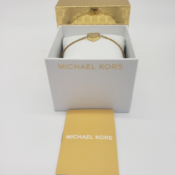 1660- MICHAEL KORS Heritage Pave Logo Heart Slide Bracelet Gold Plated NWT - Picture 1 of 7